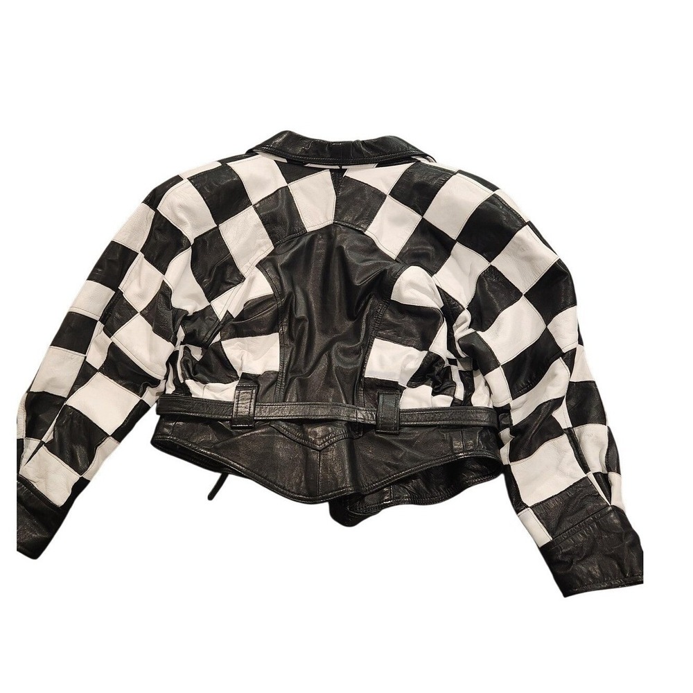 Vintage 80s Twins Jacket Womens Medium Leather Checkered Motorcycle Made in USA - Picture 2 of 12